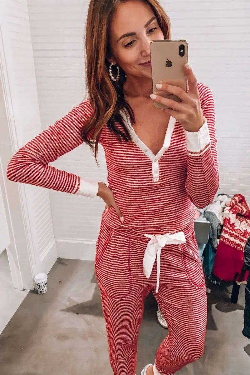 Red Stripe Buttoned V Neck Top and Knotted Waist Pants Lounge Set - Love Salve